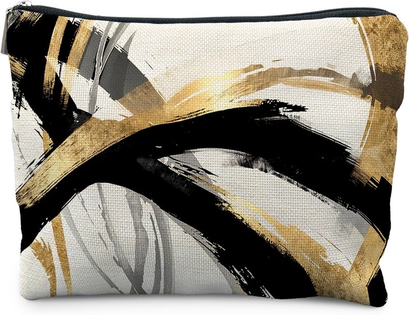 RYYCDOI Abstract Black and Gold Makeup Bag, Boho Black White and Gold Cosmetic Bags for Women, Boho Gifts for Women, Mid Century Modern Zipper Makeup Pouch - Image 1